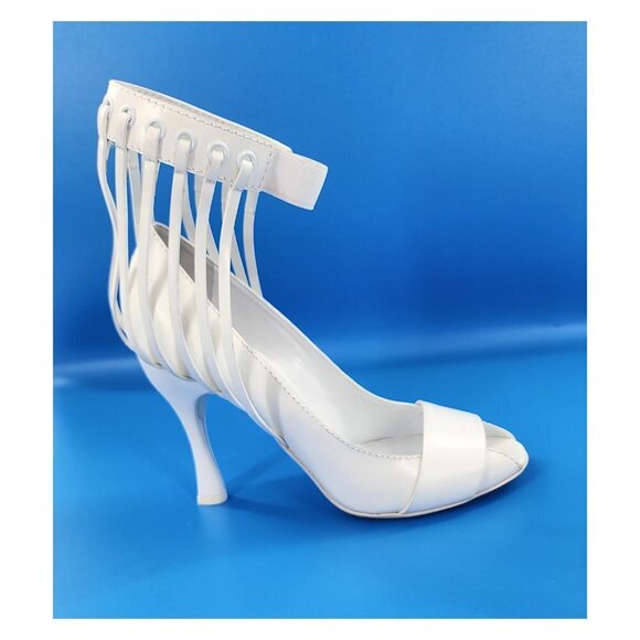 MISSONI NWOB Runway White Leather Caged Peep Toe Pumps Heels Ankle Strap NEW - Picture 4 of 11